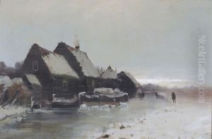 Winterliche Bachlandschaft Mit Bauernhausern by Adrianus Kuypers