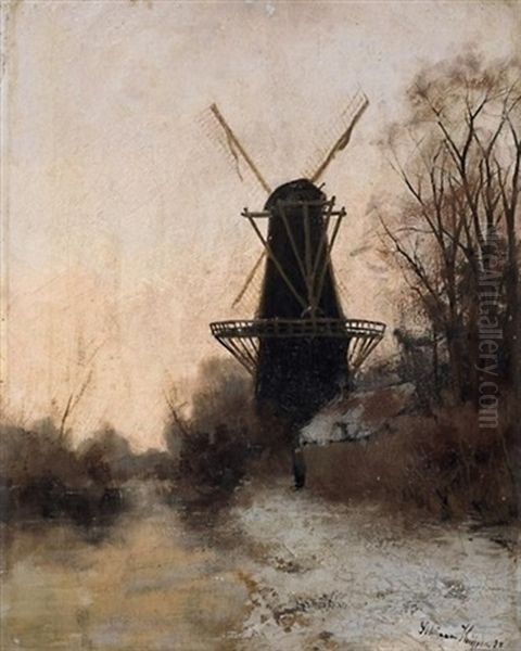 Windmuhle In Verschneiter Fluslandschaft - view 1