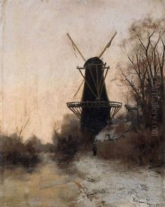 Windmuhle In Verschneiter Fluslandschaft by Adrianus Kuypers