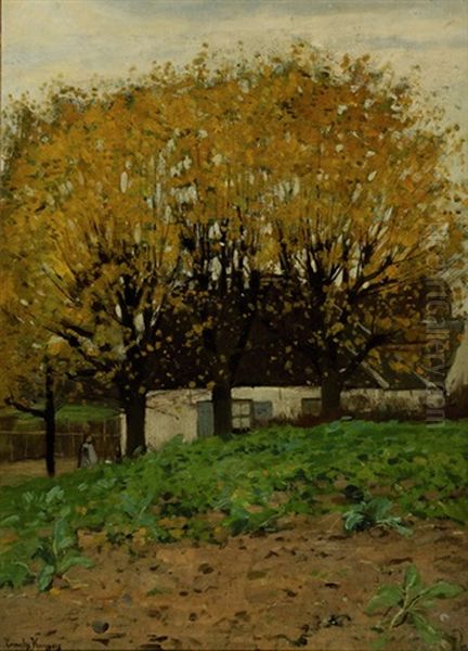 Girl Near A House Behind A Row Of Trees - view 1