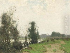 Sommerliche Weidenlandschaft Am Flus. Im Hintergrund Eine Windmuhle by Cornelis Kuypers