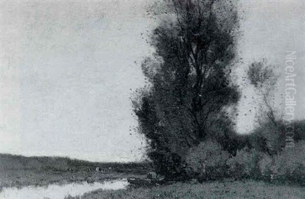 Sunset: A Peasant In A Rowing Boat At The Edge Of A Wood - view 1