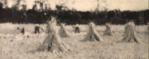 Hay Time- A Landscape With Haystacks And Figures Working In The Fields