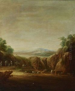 Rocky Landscape With Resting Travellers by Dirk Kuypers