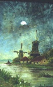 Moonlit Windmills With Rower On A Canal by Jan Kuypers