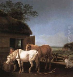 Groom With Two Horses And A Spaniel Before A Stable by Martinus Antonius Kuytenbrouwer the Elder