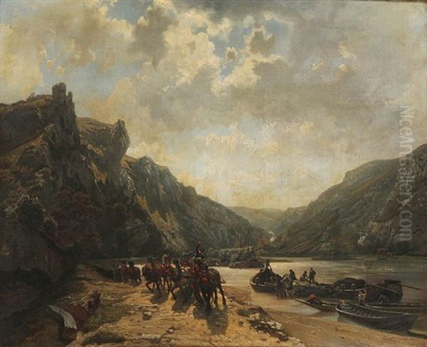 Rocky River Landscape With Work Horses And Boats - view 1