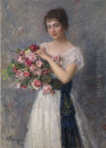 Portrait Of A Woman With A Bouquet Of Roses by Nikolai Dmitrievich Kuznetsov