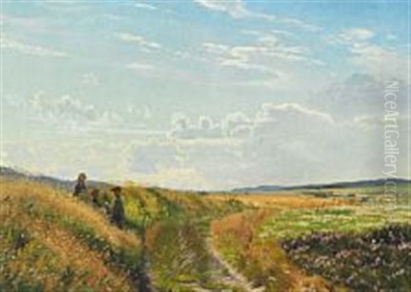 Danish Summer Landscape With Three Children Picking Flowers - view 1