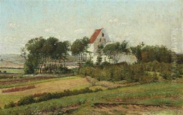 Summer Landscape With Grazing Cows Near A Church - view 1