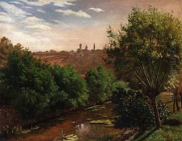 A River In A Lush Landscape With A Village In The Background - view 1