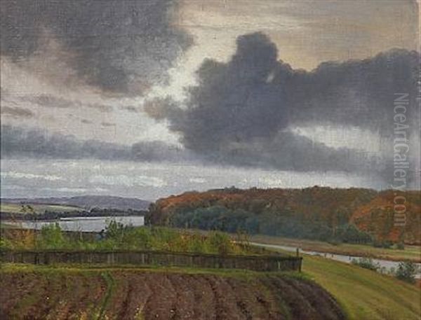 Autumn Day With Fields And A Garden Near A Stream - view 1