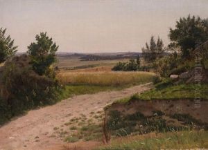 Weite Wiesenlandschaft Mit Kornfeld Und Erntebauern by Vilhelm Kyhn