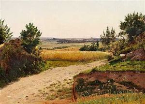 Udsigt Over Landskab Med Grusvej Og Gylden Kornmark by Vilhelm Kyhn