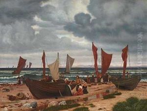 Fiskere Fra Hornbek Komme, Under Uroligt Veir, Iland Fra Sildefangst, I Baggrunden Sees Kullen by Vilhelm Kyhn