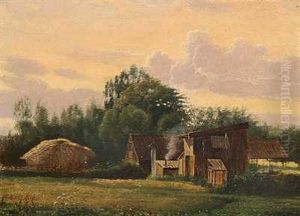 Aftenlandskab Med Stald Og Skure I Udkanten Af En Skov
