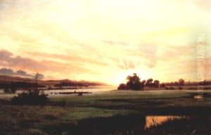 Landskab Ved Solnedgang Med Graessende Koer I Dis Pa Engen by Vilhelm Kyhn