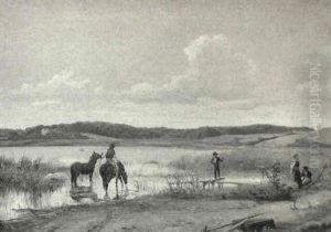 Landskab Med Dreng Med Heste Og Born Ved En S+ Landskab Med Dreng Med Heste Og Born Ved En S+