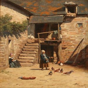A Girl Feeding Chickens In A Courtyard by Jan Bedys Tom