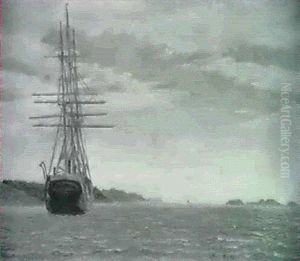 Skib Der Ligger For Anker Uf For Kysten by Vilhelm Kyhn