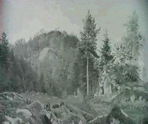 Klippeparti Med Traebevoksning by Vilhelm Kyhn