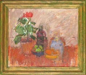 Pelargon - Stilleben Med Blommor Och Flaskor Pelargon - Stilleben Med Blommor Och Flaskor