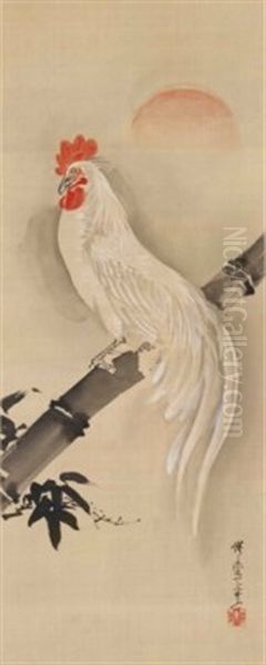 Cockerel On A Bamboo Branch At Dawn - view 1