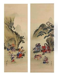 Momotaro Confronts Demons (pair) by Kawanabe Kyosai
