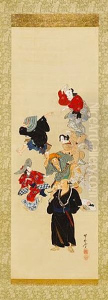 Chikamatsu Monzaemon Wearing A Sword, With Five Kabuki Actors - view 1