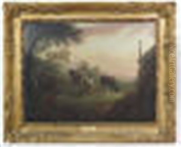 Farmer And Cattle In The Country By Buildings - view 1