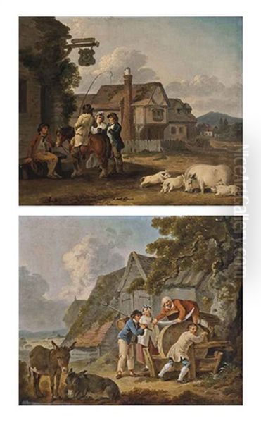 Figures Outside An Inn, With A Sow And Piglets, Houses Beyond (+ Figures Sharpening A Scythe, With Two Donkeys, Farm Buildings Beyond; Pair) - view 1