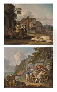 Figures Outside An Inn, With A Sow And Piglets, Houses Beyond (+ Figures Sharpening A Scythe, With Two Donkeys, Farm Buildings Beyond; Pair)