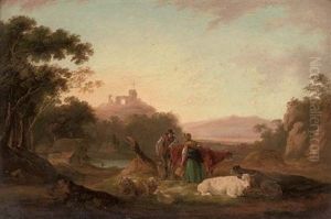 A Wooded River Landscape With Figures And Cattle In The Foreground, Ruins On A Hill Beyond