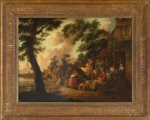 Travelers Outside An Inn With A Watermill Visible In The Distance