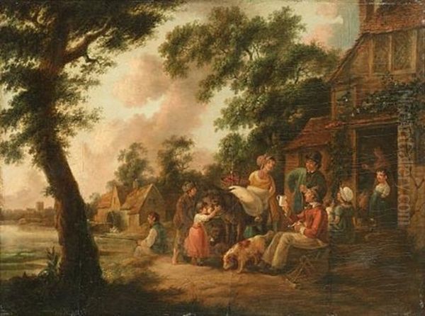 Travellers And Countryfolk Outside An Inn With A Watermill Beyond - view 1