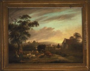 Farmyard Scene With Two Shepherdesses by Peter La Cave