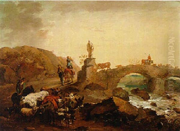 A River Landscape With Herdsmen Crossing A Bridge - view 1