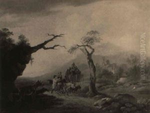 Figures And A Donkey On A Track, A Coach Passing Nearby by Peter La Cave