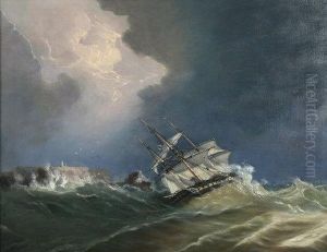 His Majesty's Frigate Fisgard Captain T. Byam Martin On A Lee Shore Weathering The Rocks Off Ushant by Richard Bridges Beechey