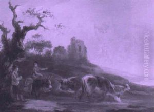 Landscape With A Milkmaid With Cattle Watering by Peter La Cave