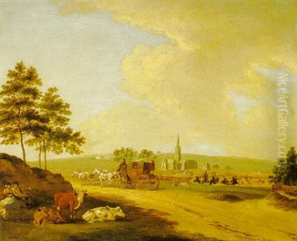 Landscapes With A Mailcoach, One Showing A Distant View Of Salisbury - view 1