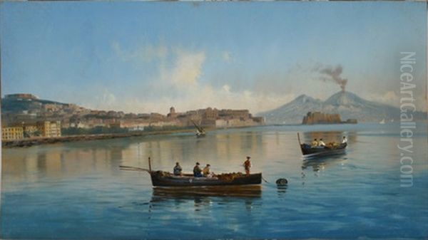 Neapel, Blick Vom Wasser Richtung Vesuv Mit Dem Castel Dell Ovo, Linkerhand Das Castell Sant'elmo - view 1