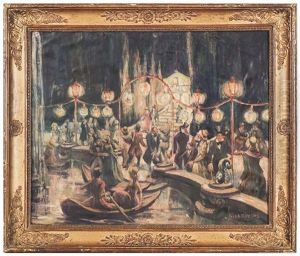 Scena Di Festa In Giardino Con Scorcio Di Laghetto E Personaggi by Gaston La Touche