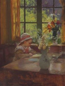 A Young Girl With Bonnet Reading By A Window by Gaston La Touche