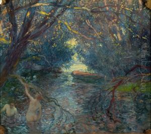 Pond, Bathers, Canoe by Gaston La Touche