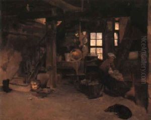 A Cottage Interior With A Mother And Baby At A Fireside by Gaston La Touche