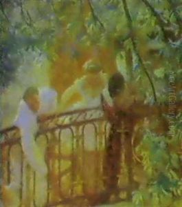 Harlequin, Pierrot And Ballerina Overlooking A Balcony, A   Stage Carriage Waiting by Gaston La Touche