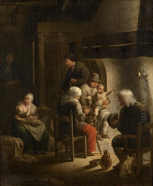 A Kitchen Interior With A Peasant Family Around A Fireplace - view 1