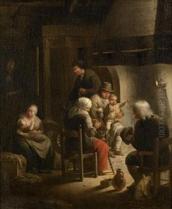 A Kitchen Interior With A Peasant Family Around A Fireplace