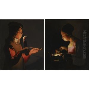 A Young Boy With A Pipe, Blowing On A Firebrand (+ A Young Girl Blowing On A Brazier, Various Sizes; Pair) by Georges de La Tour